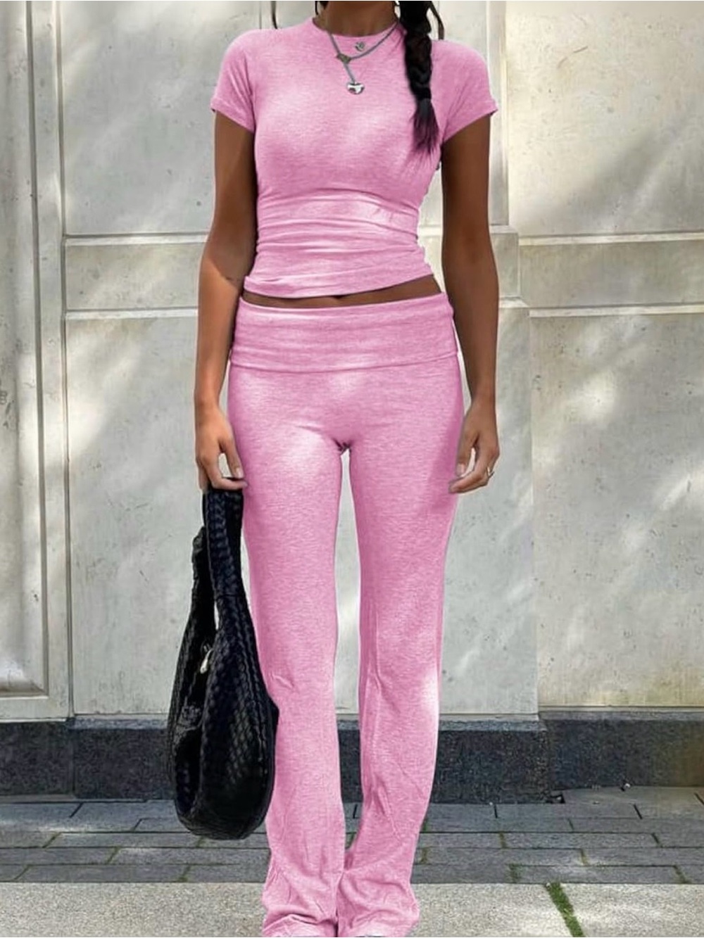 Women’s Pink two-piece Ribbed Pants & Crop Top Set